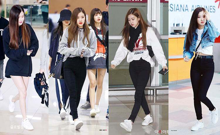 Giày trắng phối đồ nữ như sao Hàn tại sân bay